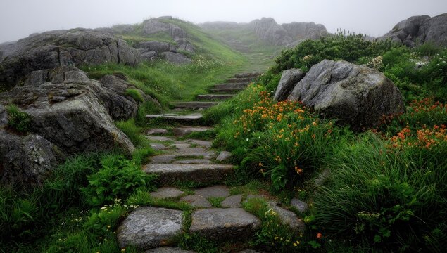 Misty mountain path with stone steps and wildflowers.  Rocky terrain leads upward through a pathway of stepping stones, surrounded by lush greenery and vibrant orange wildflowers.  - Powered by Adobe