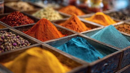 Vibrant spices displayed in wooden trays at a bustling market during the afternoon