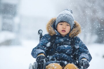 Winter Disability. Caucasian Disabled Boy in Wheelchair Playing in Snow