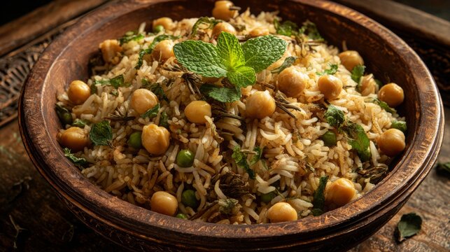 Delicious chickpea rice dish served in a rustic bowl with fresh herbs and spices promoting healthy eating