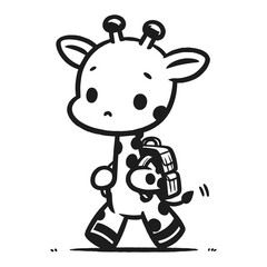 Whimsical cartoon giraffe walking with backpack in monochrome sketch style, vector