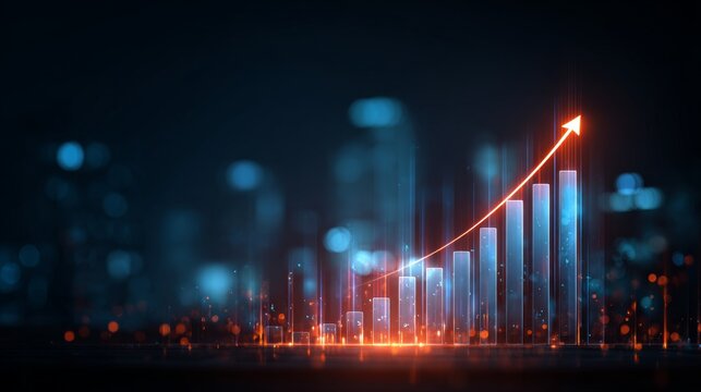 Futuristic business growth wallpaper with glowing bar chart and upward arrow representing stock market success and financial development on dark technology background
