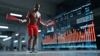 Digital Fitness: A muscular individual engaging in a dynamic skipping rope exercise, seamlessly blending with a futuristic digital interface to illustrate performance analytics. - Powered by Adobe