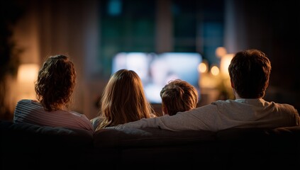 Parents and two children enjoying movie night on sofa, back view, illuminated by warm indoor lighting, depicting family bonding and home leisure time