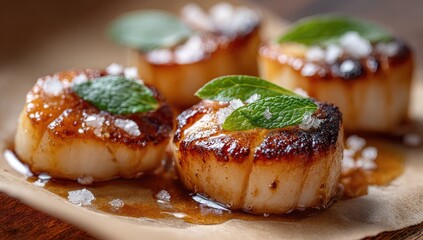 Close-up of seared scallops, seasoned with salt and herbs