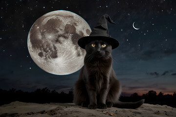 Black cat sitting in the forest at night against the background of the moon