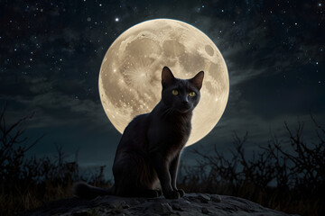 Black cat sitting in the forest at night against the background of the moon