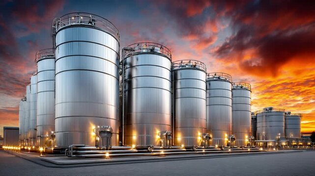 Industrial Tanks at Sunset: A stunning industrial landscape features gleaming metallic tanks against a vibrant sunset backdrop. Witness the beauty of large-scale industry amidst the natural splendor.