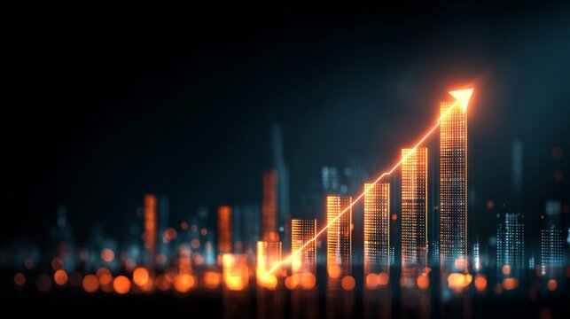 Futuristic business growth wallpaper with glowing bar chart and upward arrow representing stock market success and financial development on dark technology background