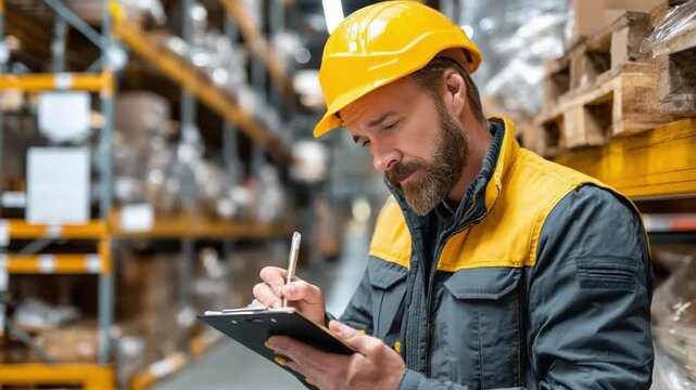 Warehouse Inventory Assessment: A focused inspector, donned in protective attire, meticulously evaluates inventory in a bustling warehouse. capturing the essence of industry and precision.