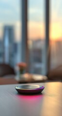 A modern, round, smart speaker sits on a light-colored table, in front of a blurred cityscape at sunset.  Soft, glowing light highlights its surface