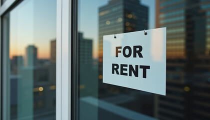 Rental sign displayed on high-rise building window during sunset  