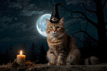 A fluffy cat in a witch's hat sits in the forest under a full moon next to a candle