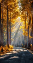 Fototapeta premium Golden sunlight streams through autumnal forest path
