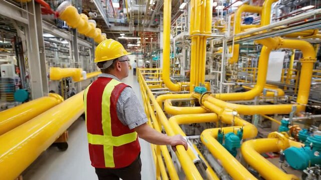 Precision and Process: An engineer, clad in a safety helmet and vest, surveys the intricate network of pipelines within a modern industrial facility.