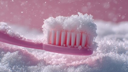 Pink toothbrush with snow-like toothpaste