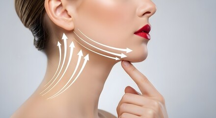 Woman's face with arrows, representing a facelift procedure, promoting beauty and anti-aging.