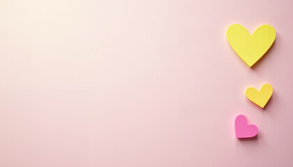 Colorful paper hearts on pink background for love or celebration  