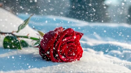 Beautiful red rose resting on snow with gentle snowfall in serene winter landscape - Powered by Adobe