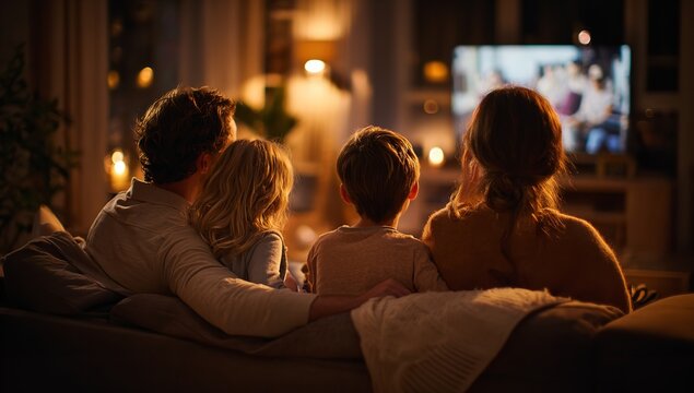 Parents and two children enjoying movie night on sofa, back view, illuminated by warm indoor lighting, depicting family bonding and home leisure time - Powered by Adobe
