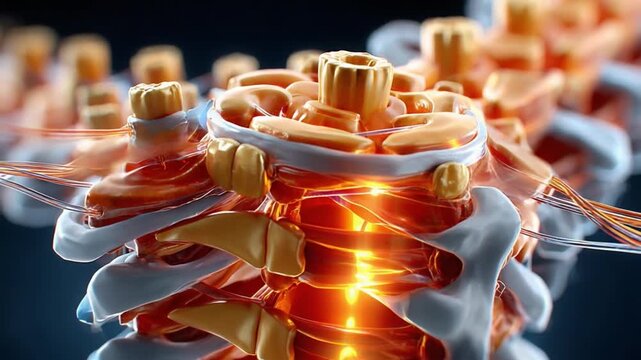 Detailed spine anatomy: A close-up, medically accurate representation of the human spine, highlighting the intricate interplay of bones, ligaments, and nerves.