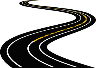 Curving road graphic with yellow and white lines on plain white background for transportation theme