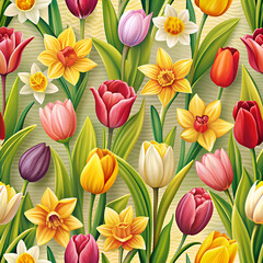 Obraz premium Vibrant Spring Flowers. Tulips and Daffodils in Bloom