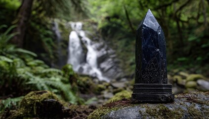 Dark crystal obelisk, waterfall backdrop