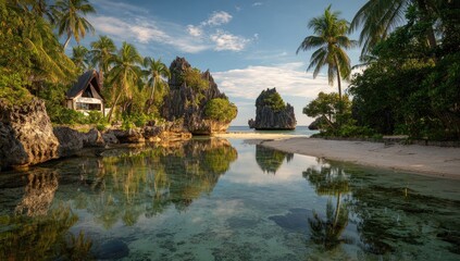 Fototapeta premium Tropical lagoon reflecting a serene, secluded beach house