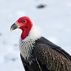Red head of the Andean condor on a background of white snow and flight feathers