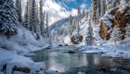Snowy winter stream flowing through a pine forest