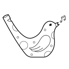 Folk clay toy bird whistle. Outline illustration, isolated on white background, design elements or page of children's coloring book