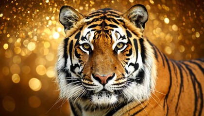 Naklejka premium Tiger portrait against golden bokeh background
