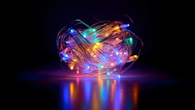 Vibrant multicolored fairy lights glowing in a glass jar with colorful reflections