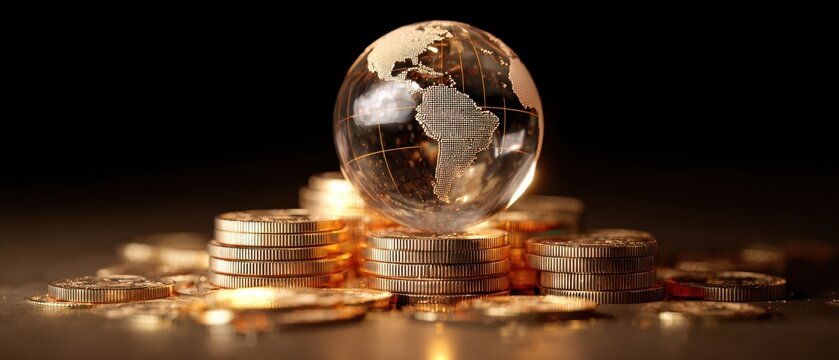 The globe atop a pile of shining coins symbolizing global wealth and finance.