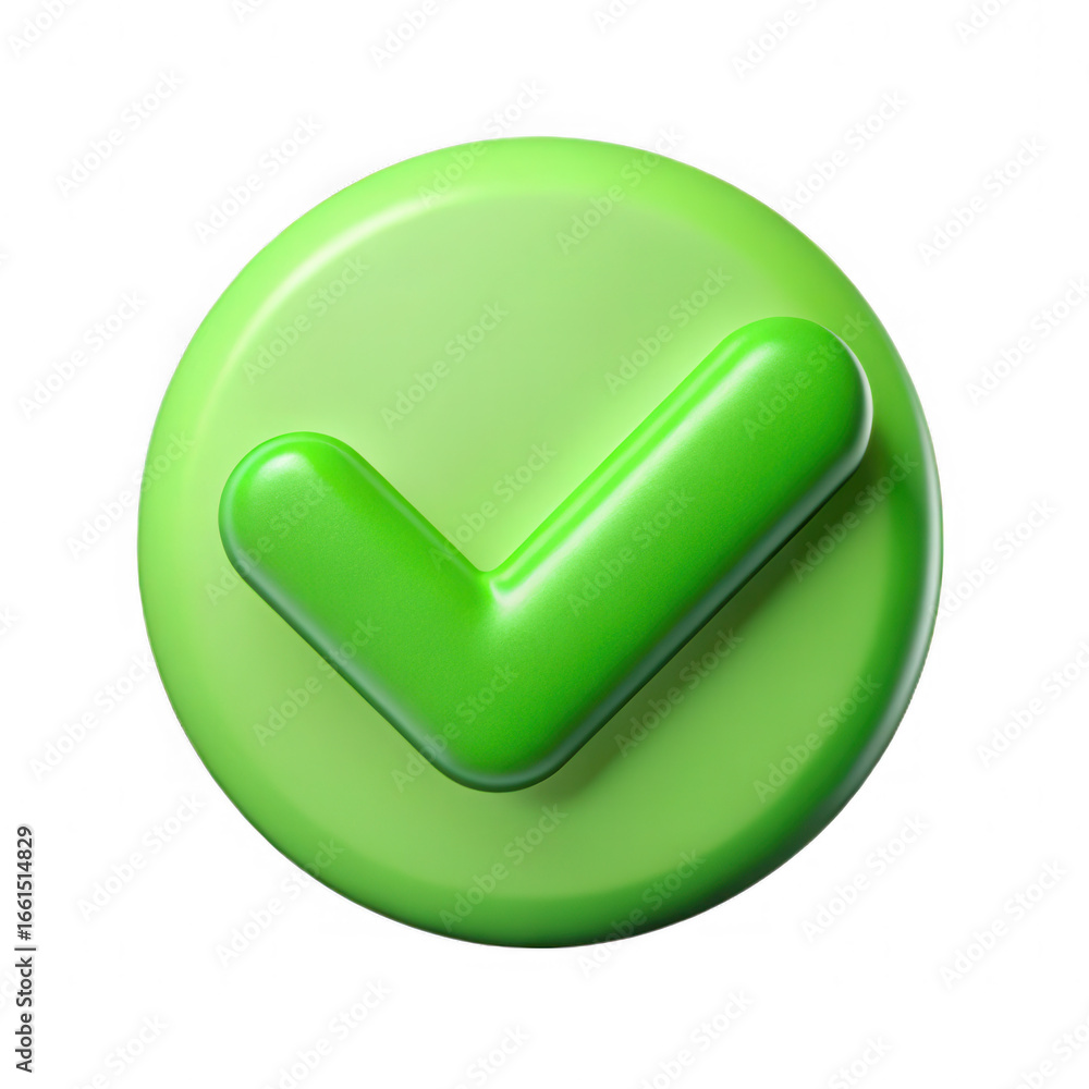 Poster glossy green check mark symbol inside a circular button isolated on a transparent background for app