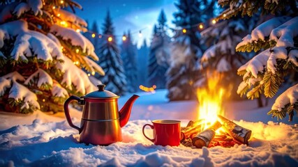 Snowy forest campfire scene
