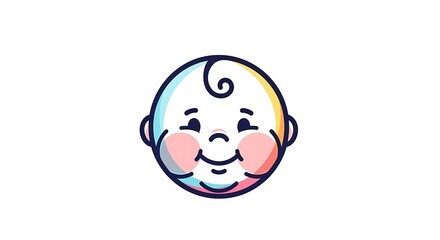 Cartoon Baby Face with Rosy Cheeks and a Single Curl on White Background