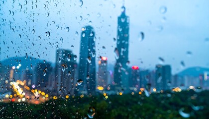 Rainy day reflections: City skyline view through a window adorned with raindrops