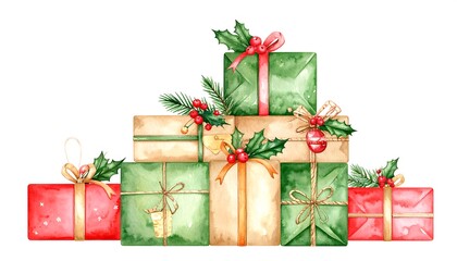 Watercolor painting of a pile of Christmas gifts