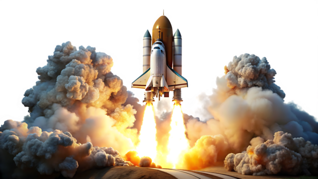 Space Shuttle Launch with Smoke and Flames Isolated on White Background as Transparent. PNG. AI GENERATED