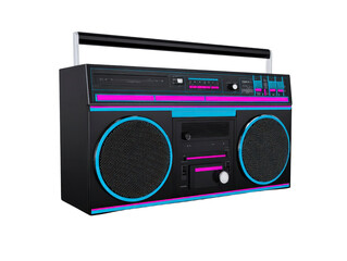 Obraz premium Retro portable radio cassette player with large speakers, black and blue color, vintage style, isolated on transparency background, nostalgic and energetic vibe