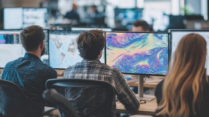Medium shot showing a team collaborating over predictive pricing models on multiple screens emphasizing data patterns with blurred surroundings.