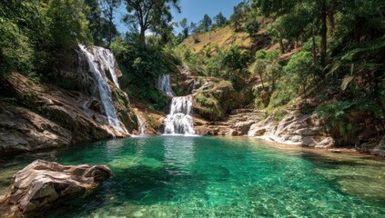 Naklejka premium Lush waterfall cascading into a tranquil emerald pool, surrounded by verdant hills