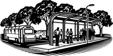 Illustration of a bus stop with people waiting, a bus, a car, trees and a street light