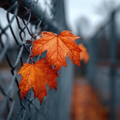 Autumn leaves clinging to a chain link fence
