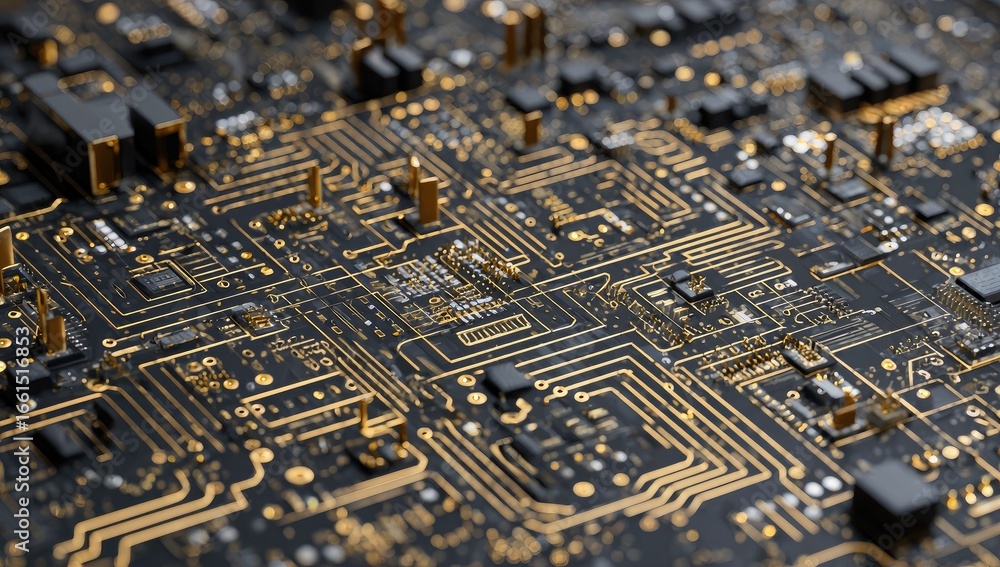 Poster close-up view of intricate circuit board with gold traces