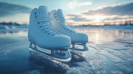 A pair of white ice skates sit on a frozen lake. The setting sun glows in the background. The ice is textured