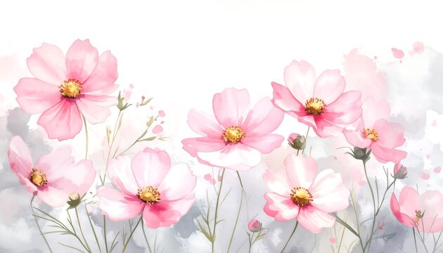 Watercolor painting of pink cosmos flowers