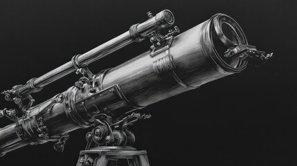 Naklejka premium Detailed sketch of a vintage telescope on a stand, against a black backdrop